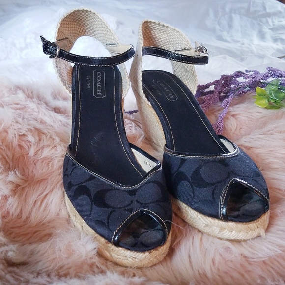 Coach Black Wedge Ankle Strap Peep Toe Espadrilles - Picture 4 of 8